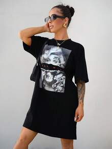 SAYEHFBABY Casual Rose & Letter Pattern Loose Round Neck Short Sleeve Mini Dress For Women, Contains Cotton, Suitable For Summer