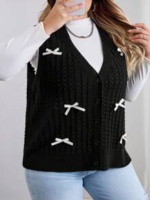 SHEIN CURVE+ Plus Size Women's Bow Decor Single-Breasted Knitted Vest