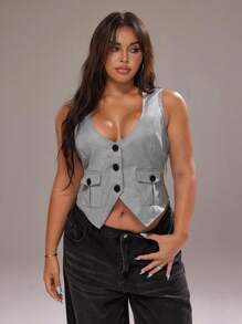 Rustia Fashionable V-Neck Sleeveless Casual Short Blazer - Grey - View 2