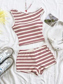 Soleia 女士夏季假期 2 件套：纹理针织不对称肩部修身上衣和超低腰紧身短裤，适合派对、圣诞节、约会之夜、海滩、巡游、狂欢节露肩圣诞上衣，适合学校返校服装女士返校秋季服装哥特女装俱乐部服装女士性感万圣节服装俱乐部连衣裙外出服装音乐会服装乡村音乐会服装