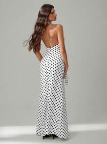 SHEIN Tall 全新优雅厚重手工扭花 3D 花卉装饰性感深 V 领露背收腰美人鱼红色鸡尾酒礼服，适合约会之夜，波尔卡圆点礼服 - 黑與白 - 查看 2