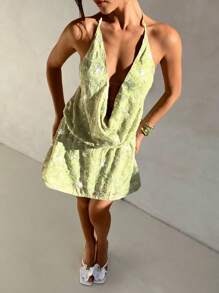 Aloruh Rochie mini verde cu imprimeu A, model halter, sexy, cu umeri goi și talie legată, potrivită pentru vacanța de primăvară/vară - Verde - Vizualizare 6