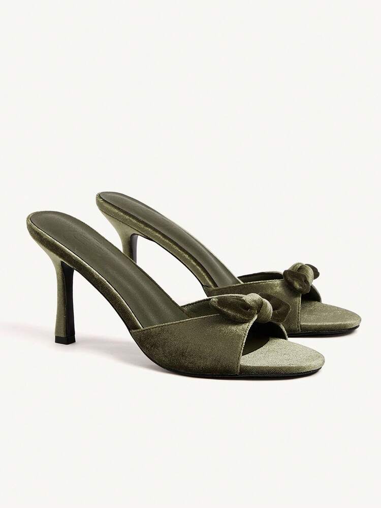 CUCCOO CHICEST Women's Olive Green Velvet Bowknot Decor Elegant Comfortable Round Toe Mule High Heel Sandals, Romantic Date Occasion Summer For Christmas Elegant Shoes Wedding Shoes Summer Shoes Bride Shoes