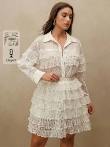 Anewsta Plus Size Heavy Beaded Ruffle Lace Solid Color High Waist A-Line Mini Skirt - Beige - View 1