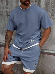 Manfinity Homme Plus Size Men Waffle Patchwork Crew Neck T-Shirt & Shorts Set - Blue - View 6