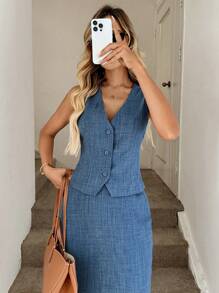 Easowa 2 Pieces Women Summer Casual Blue Vest Top And Long Skirt Set, Suitable For Daily Casual Outing, Commute, And Retro Style Old Money Style - Blue - View 7