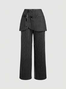 SHEIN MOD Adjustable Buckle Black & White Striped Elegant Suit Skirt Pants For Women