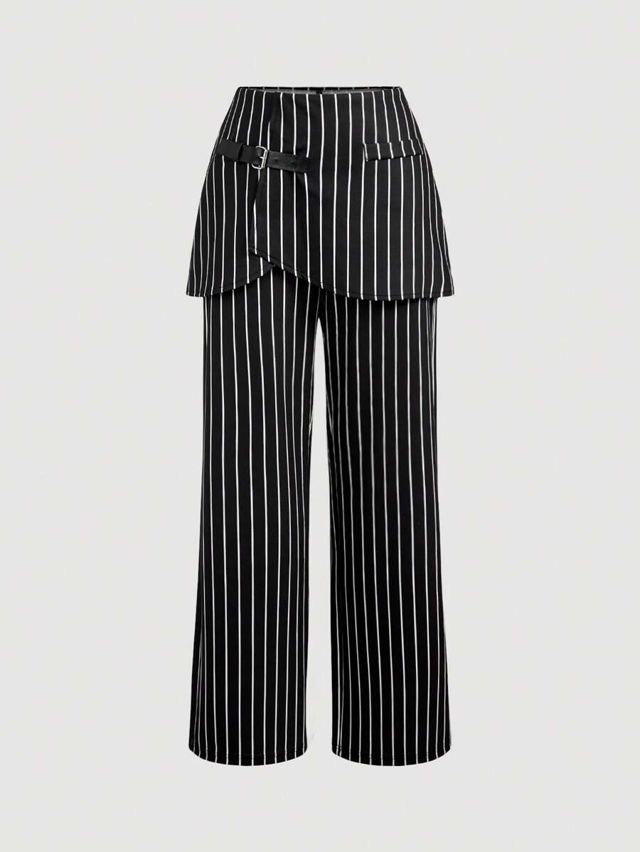 SHEIN MOD Adjustable Buckle Black & White Striped Elegant Suit Skirt Pants For Women