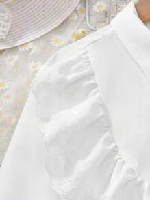女童简约优雅甜美白色纯色蕾丝拼布衬衫 - 白色 - 查看 5