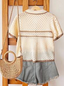 Linhara Plus Size Women Contrast Color Knit Open Front Hollow Striped Short Sleeve Casual Cardigan, Simplistic Spring/Summer