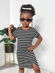 年轻女孩针织条纹圆领修身休闲连衣裙 - 黑色 - 查看 1