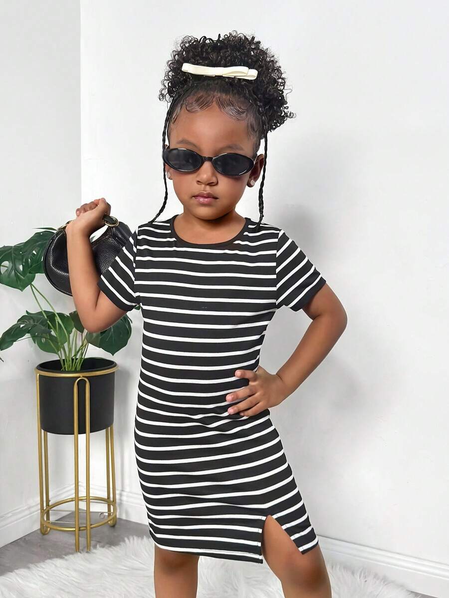 年轻女孩针织条纹圆领修身休闲连衣裙 - 黑色 - 查看 1