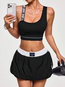 Easithlete 1pc Moisture Wicking Fabric Basic Sports Bra, Contrast Color Strap, Hollow Back, Black - Black and White - View 4