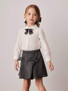 PrepCrw Conjunto de blusa de manga larga con moño y falda plisada para niñas de estilo colegial