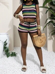 Slaydiva Novo Conjunto de Verão Moda Praia Casual Colorido Listrado Regata Vazada e Shorts com Amarração Frontal 2 Peças para Mulheres