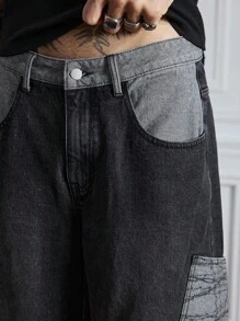 ROMWE MEN Street Life 男士口袋喇叭裤腿宽松休闲牛仔裤，百搭 - 黑色 - 查看 4