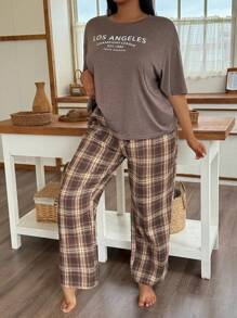 SHEIN 加大码休闲长款格子裤睡衣套装，多色，圆领短袖，舒适睡衣套装，两件套睡衣套装，服装