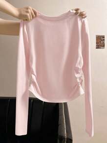 INAWLY 休闲蝴蝶结印花圆领褶饰长袖 T 恤 - 淺粉色 - 查看 2