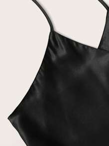 SilkySpell Satin Cami Top With Shorts PJ Set / Pajama Set - Black - View 3