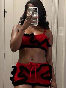 Slaydiva 2025 Summer New Music Festival Birthday Party Graduation Casual Daily Wear All-Match Versatile Leisure Cruise Travel Beach Sunbathing Strap Fitted Contrast Binding Knit Sweater Skirt 2pcs Women Sweater Set Y2k