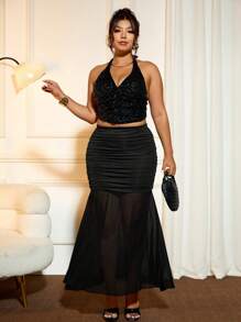 Cravure 女式加大码哥特式网眼拼接黑色美人鱼裙，高腰修身长裙，夏季设计优雅万圣节 - 黑色 - 查看 5