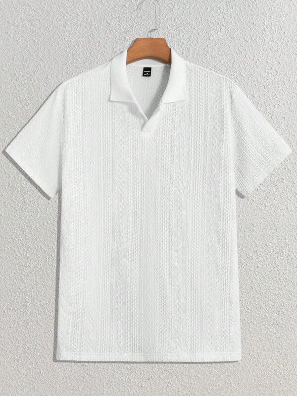 HIMLAND Men's Solid Color Knitted Casual Polo Shirt, Collar Plain  White Shirt