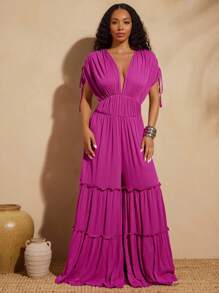 Vixey Bộ đồ liền thân ống rộng cổ sâu dệt dây rút cánh dơi chắc chắn - Màu tím - Xem 2