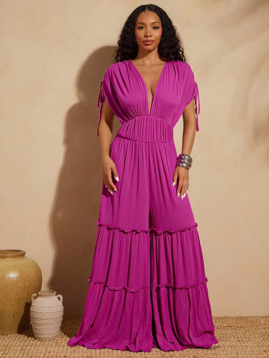 Vixey Bộ đồ liền thân ống rộng cổ sâu dệt dây rút cánh dơi chắc chắn