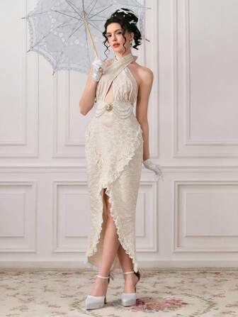 EDITION Robe longue style palais en tissu jacquard vintage avec décoration de perles