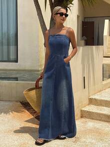 Livesso 女士做旧水洗长款牛仔背带裙 夏季女装连衣裙 - 深色水洗藍 - 查看 1