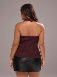 Rustia 大码女式街头风棕色条纹露背无袖衬衫 - 酒紅色 - 查看 6