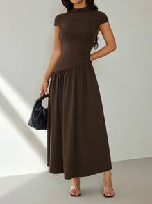 SHEIN PETITE 女式纯色立领泡泡袖褶皱长款休闲连衣裙，夏季 - 棕色 - 查看 6