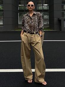 DAZY 女士宽松豹纹休闲通勤衬衫 - 棕色 - 查看 3