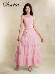 青少年（女孩）两件套服装，春夏休闲优雅，包括粉色无袖蝴蝶结吊带衫和粉色长裙