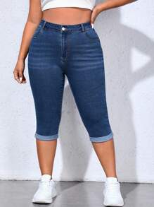 SHEIN PETITE CURVE Short en jean délavé casual coupe slim grande taille, longueur 7/8