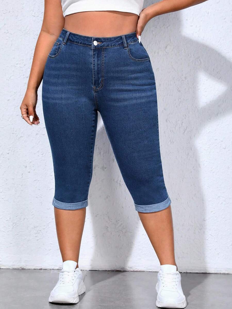 SHEIN PETITE CURVE Short en jean délavé casual coupe slim grande taille, longueur 7/8