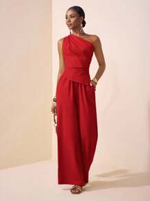 Zivah 2025 Sommer Neuer Stil Musikfestival Ostern Muttertag Hochzeit Geburtstag Party Täglicher Ausgang Grundlegend und vielseitig Lässig Internet-Star Heißer Stil Elegante Pendler Business Lässig Asymmetrischer Saum Frauen Top und Gerade Hose Khaki Frauen Zweiteiler Set Einschultrig Jumpsuit Einschultrig Roter Jumpsuit Rote Weite Bein Jumpsuit