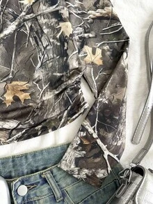 SHEIN 青少年女孩印花修身长袖 T 恤，休闲日常时尚百搭 - 軍綠色 - 查看 3