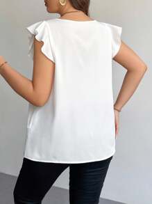 Firerie 大码优雅办公室女士 V 领荷叶边盖袖节日休闲衬衫，夏季教师衬衫 - 白色 - 查看 5