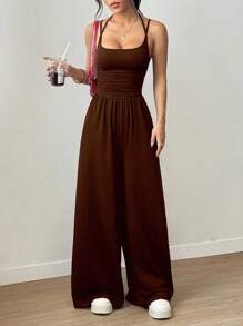SHEIN Unity Spring & Summer Casual Pleated Wide Leg Jumpsuit, Loose Fit
