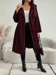 SHEIN LUNE 加大码时尚纯色连帽口袋设计中长款夹克秋季带口袋女式风衣外套冬装 - 酒紅色 - 查看 4