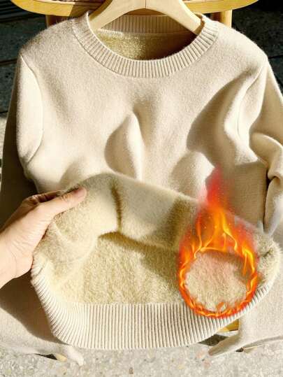 Chiquease 全新圆领保暖内衬长袖毛衣 女士针织套头衫 秋冬