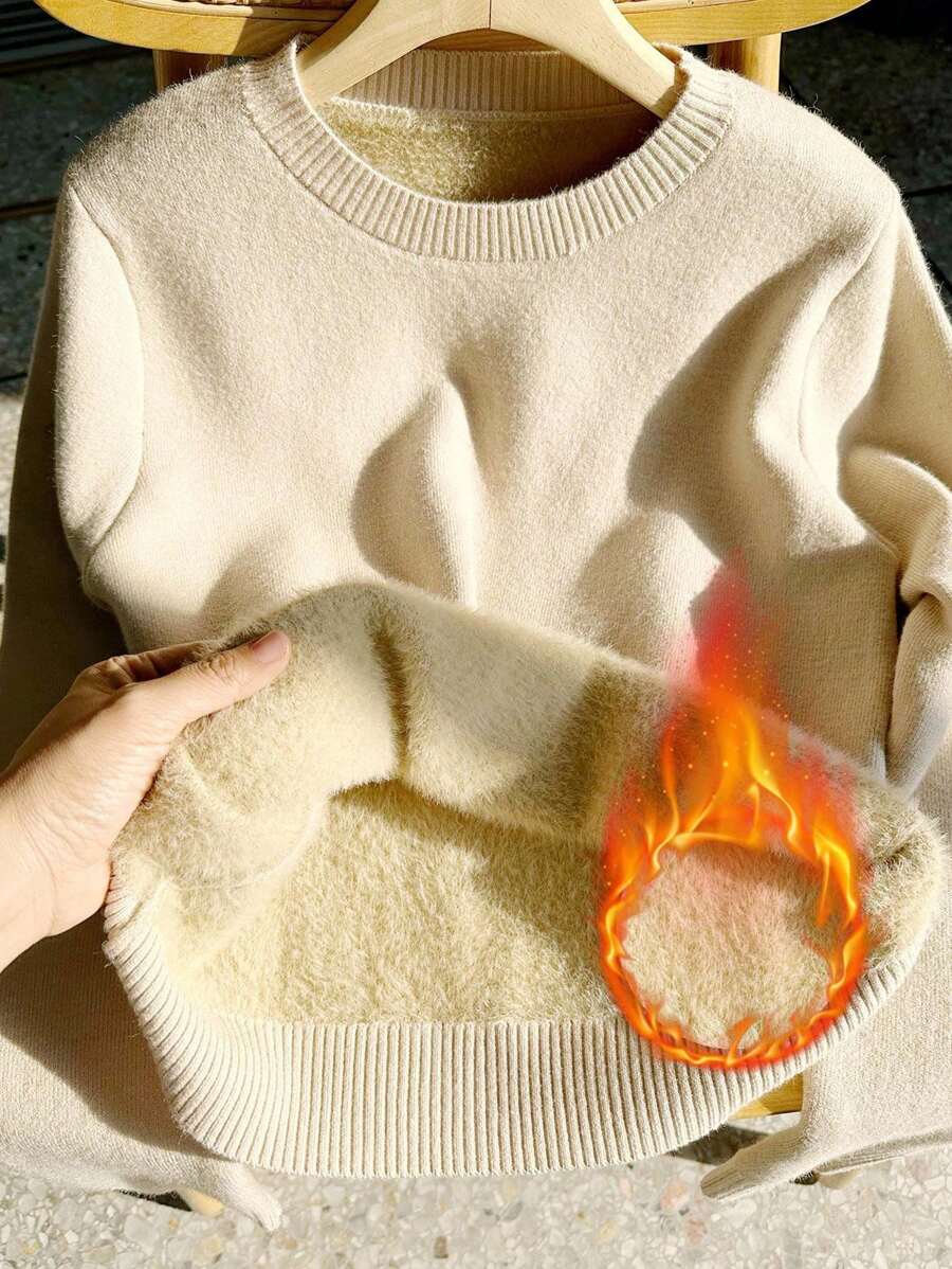 Chiquease Áo len dài tay lót lông giữ nhiệt cổ tròn mới cho nữ thu đông - Màu Khaki - Xem 1