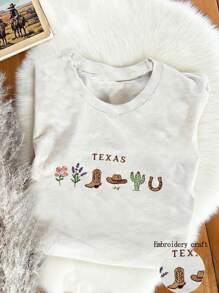 INAWLY 刺绣德克萨斯州蓝帽花圆领运动衫、定制美国州花图案T恤、德克萨斯州1845礼品衬衫、美国女牛仔州女士T恤 - 白色 - 查看 3