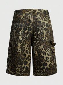 ROMWE MEN Shorts vaqueros casuales holgados con bolsillo tipo cargo y estampado de leopardo para hombre