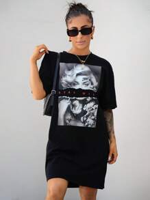 SAYEHFBABY Casual Rose & Letter Pattern Loose Round Neck Short Sleeve Mini Dress For Women, Contains Cotton, Suitable For Summer