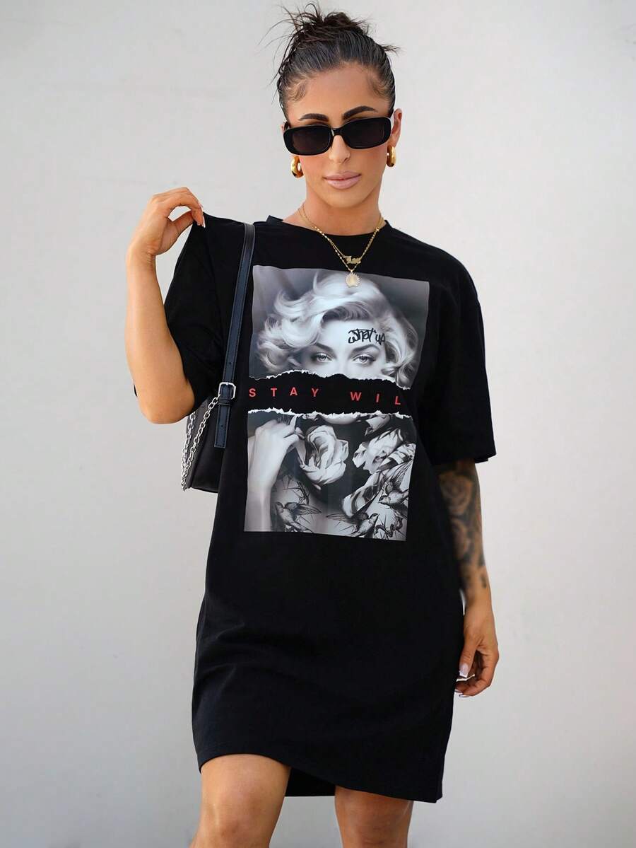 SAYEHFBABY Casual Rose & Letter Pattern Loose Round Neck Short Sleeve Mini Dress For Women, Contains Cotton, Suitable For Summer