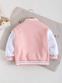Cozy Pixies Áo nỉ dài tay cổ bóng chày thêu chữ màu tương phản thời trang thu đông cho bé gái, có miếng vá, đa năng, lót nhiệt - Hồng - Xem 2
