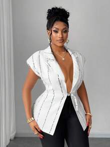 Maweii Plus Size Women Striped Distressed Lapel Waist Buckle Design Thin Blazer Jacket - White - View 5