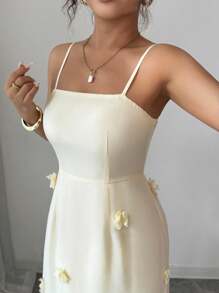 Rafferiza Elegantes Kleid mit Blumenstickerei, Mesh-Rückenausschnitt, Bindung in Taille, Meerjungfrauen-Saum, Lässig/Date-Trage, hellgelb, Frühling/Sommer Neuheit - Hellgelb - Übersicht 4